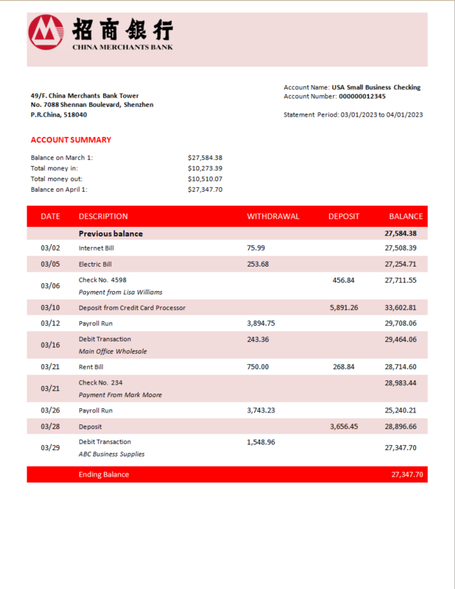 Modèle Word et PDF de relevé de compte de la banque China Merchants